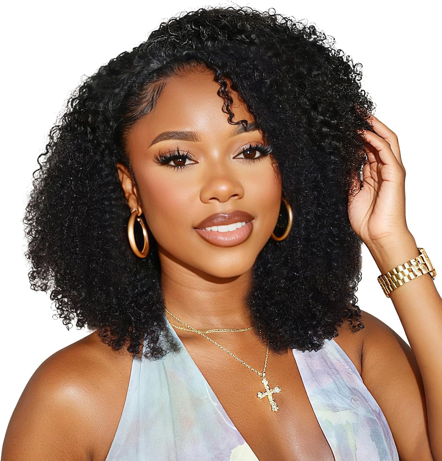 Half Wig Human Hair 200 Densité Kinky Curly 3 In 1 Seamless Flip Over Perruque Femme Naturelle Brésilien Glueless Wigs Human Hair with Drawstring Beginner Friendly Headband Wig 14 Inch for Women