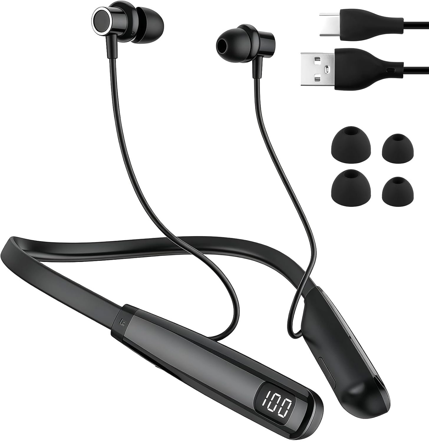 Écouteurs de Sport Bluetooth 5.3 80h d'autonomie Réduction du Bruit | Sans fil Affichage LED Mode de jeu Tour de cou IPX5 Charge Rapide Type-C Son HiFi 3D Écouteurs Ultra Légers pour Course et Fi