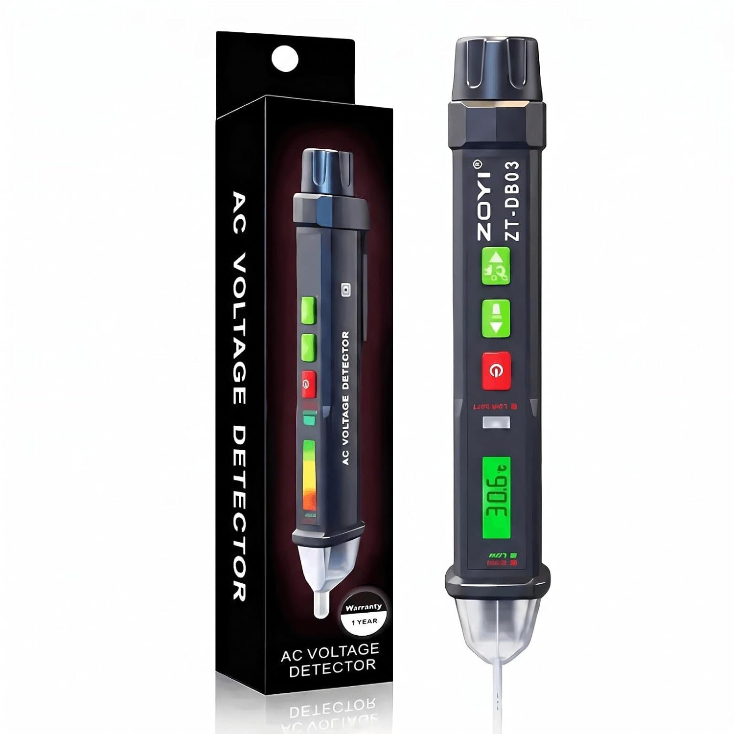 Testeur Tension Sans Contact 12-1000V, Alarme&LED pour Electricien CAT.II 1000V, Sensibilité 12V/48V, LED Rouge/Vert + Buzzer, Lampe LED, Arrêt Auto, Indicateur Batterie. Pour Pro & Maison
