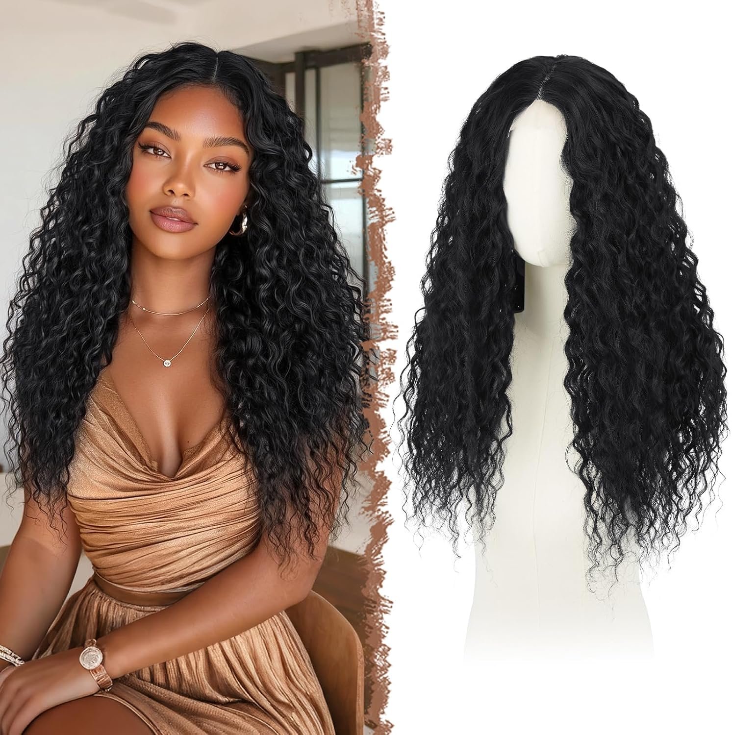 Perruque Ondulées Lace Frontal Perruques Noir Femmes, 65 cm
