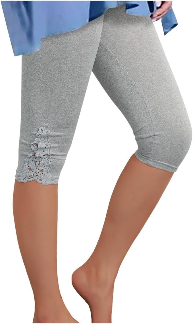 Legging pour femme avec bordure en dentelle, coupe haute, coupe ajustée, tissu extensible, polyvalent, pour le printemps, pantalon court