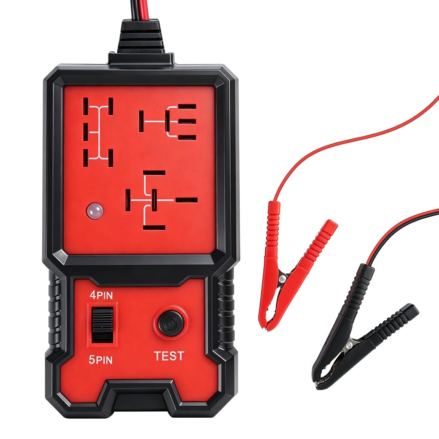 Testeur électronique de relais automobile 12 V avec pinces de connexion, idéal pour le diagnostic et la vérification des relais électriques des voitures, motos, bateaux et installations industrielles.