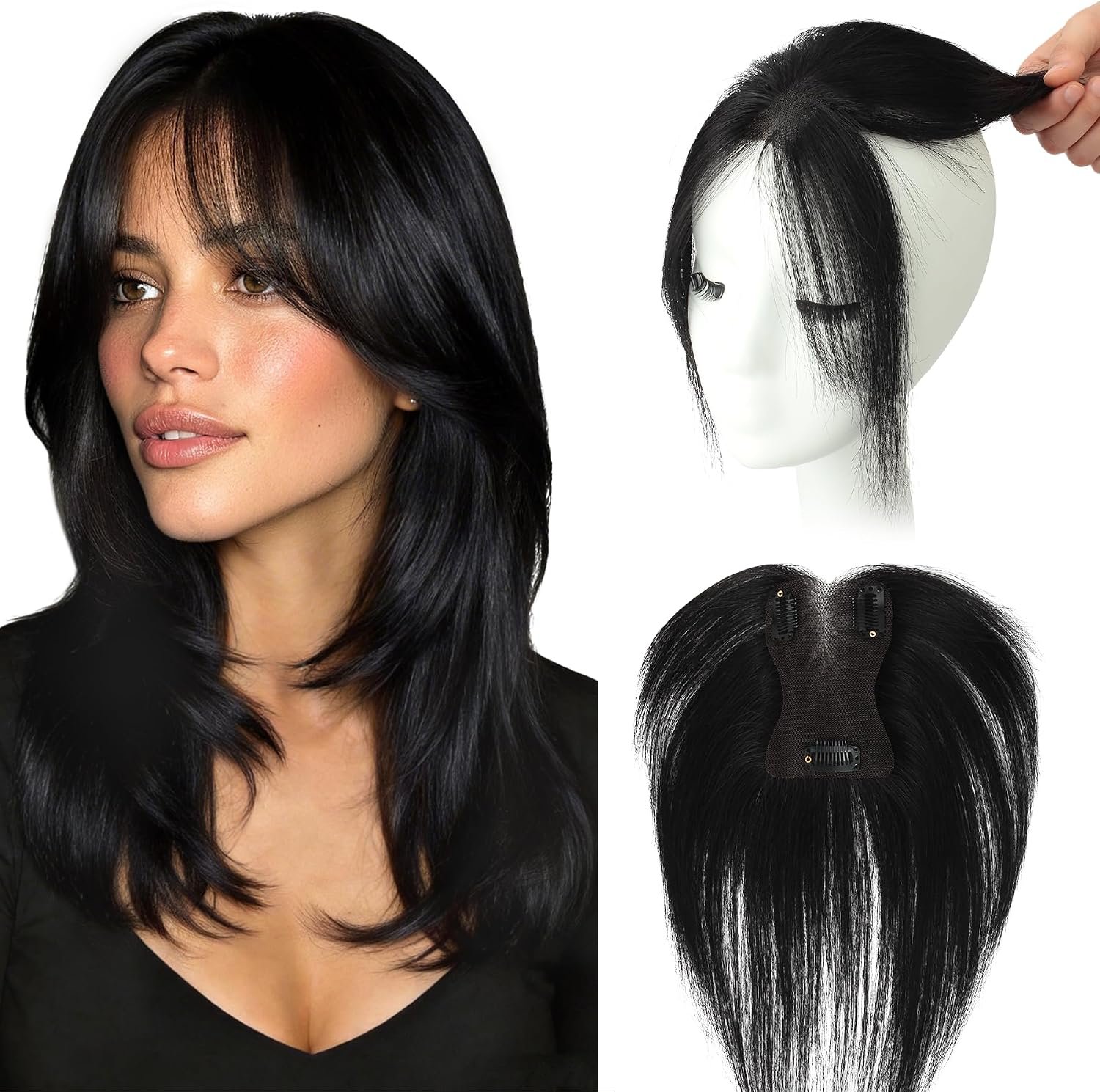 WORLDSTAR Hair Topper Cheveux Humain Femme,Frange de Bébé,15g,Noir Jais