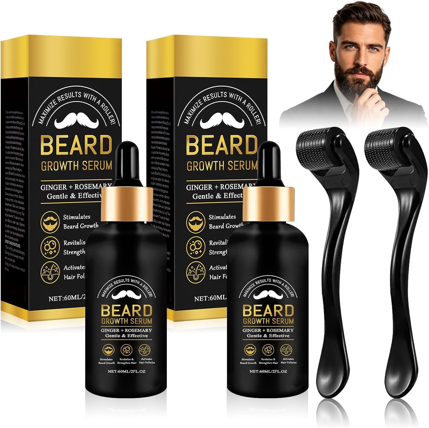 Kit de Soin pour Barbe et Cheveux pour Homme – 2 Pièces avec Huiles et Sérum de Barbe, Rouleau de Massage, Favorise la Croissance, Nourrit et Hydrate | Idée Cadeau pour Homme et Père