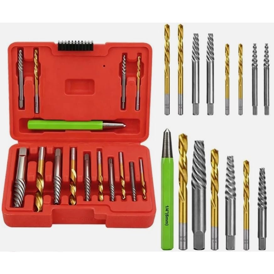 15 Pièces Vis Bolt Extractor Set 37# Cr-Mo & 6542 Hss Acier Cobalt Forets à gauche Ensemble Extracteurs faciles pour enlever les vis dénudées, comprend le poinçon central et l'étui de stockage