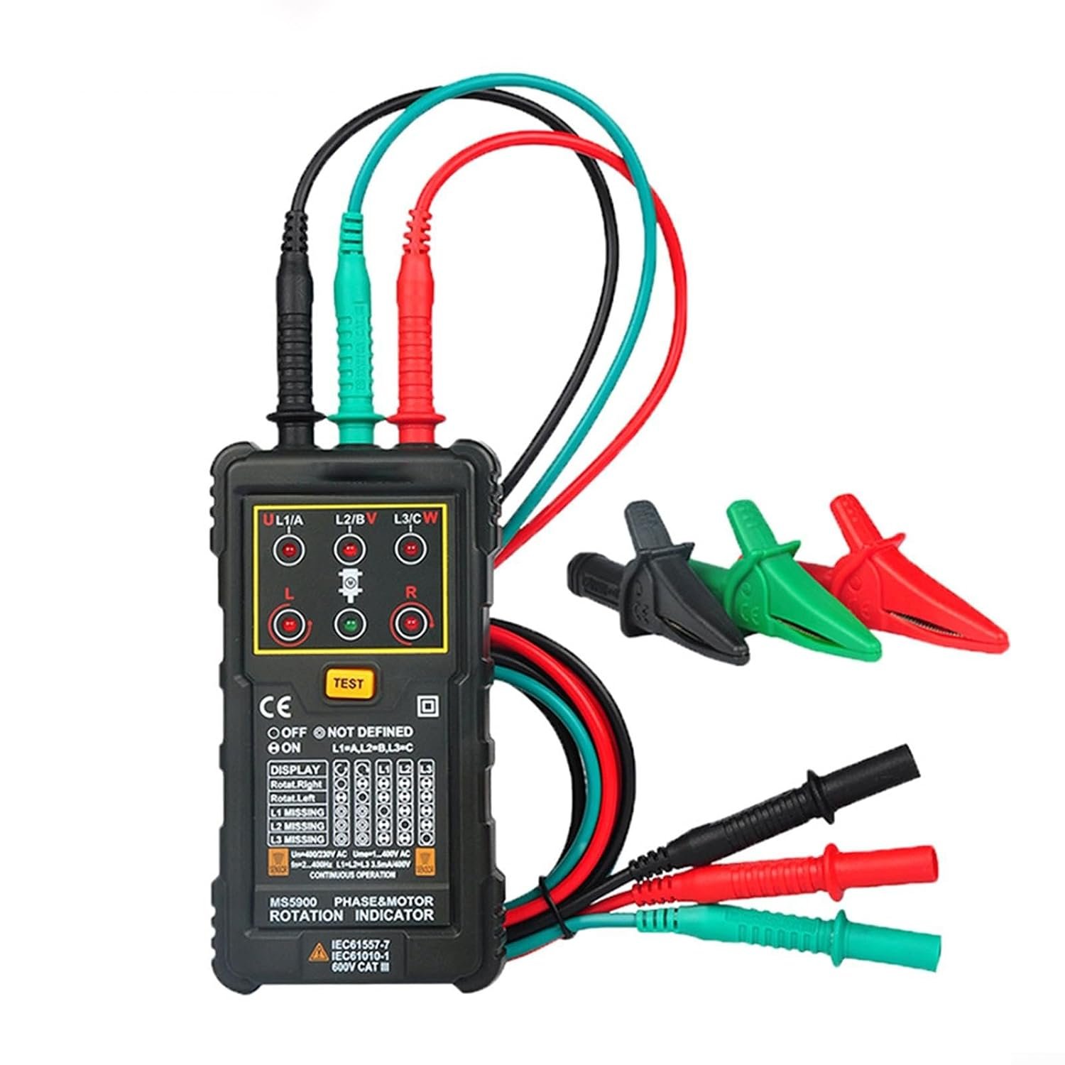 Testeur de Phase et Perte de Phase 2Hz-400Hz pour affichage LED Détection rapide avant/arrière, clips crocodiles inclus, voyants R/L clairs, pour idéal câblage moteur