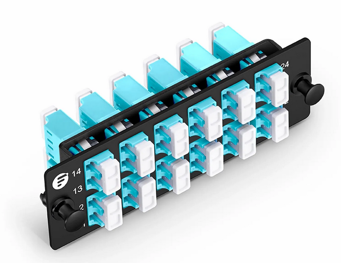 Panneau d'Adaptateur à Fibre Optique FHD®, 24 Fibres OM4 Multimode et 12 Ports Adaptateurs LC UPC Duplex (Aqua)