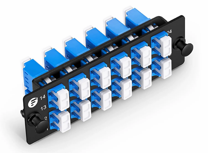 Panneau d'Adaptateur à Fibre Optique FHD®, 24 Fibres OS2 Monomode et 12 Ports Adaptateurs LC UPC Duplex (Bleu)