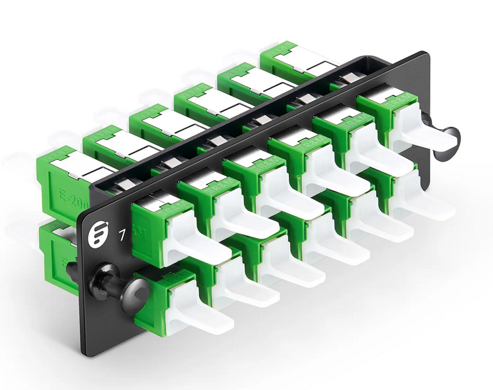 Panneau d'Adaptateur FHD®, 12 Fibres OS2 Monomode, 12 x Adaptateurs LSH APC Simplex (Vert), Manchon en Céramique