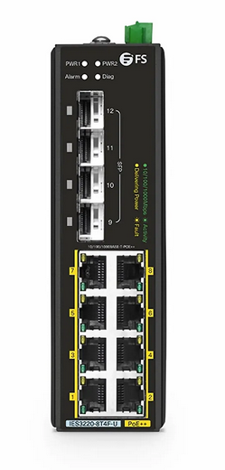 IES3220-8T4F-U, Switch PoE++ Industriel Manageable L2+ 12 Ports Gigabit Ethernet, 8 Ports PoE++ @360W, avec 4 x SFP 1Gb