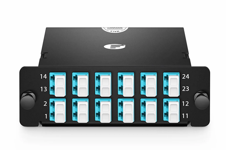 Cassette FHD® MTP®-LC, OM4 Multimode, Type A, 24 fibres, MTP®-24 (mâle) vers 12 x LC Duplex (aqua), 0,35 dB max