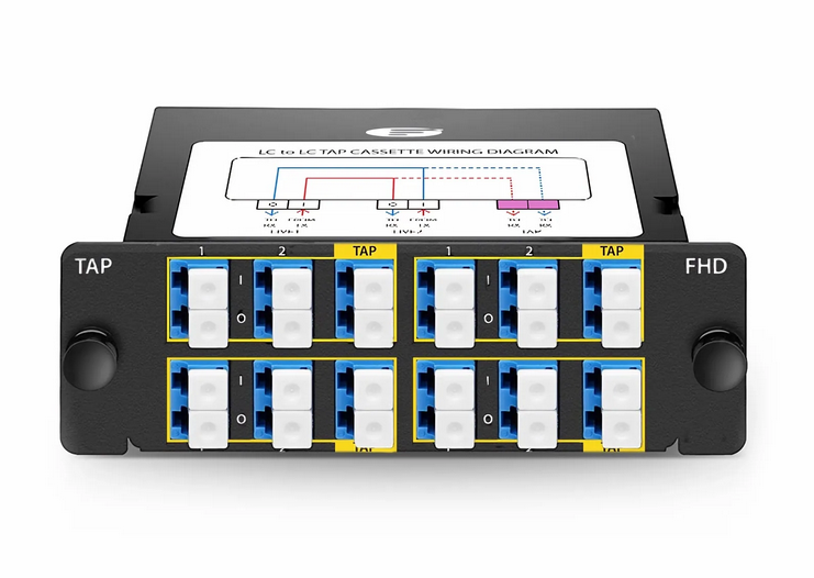 Cassette TAP FHD® LC, OS2 Monomode, 8 x Ports en Direct LC Duplex, 4 x Ports TAP LC Duplex, Rapport de Division 50/50 (Direct/TAP), 1/10/40/100G