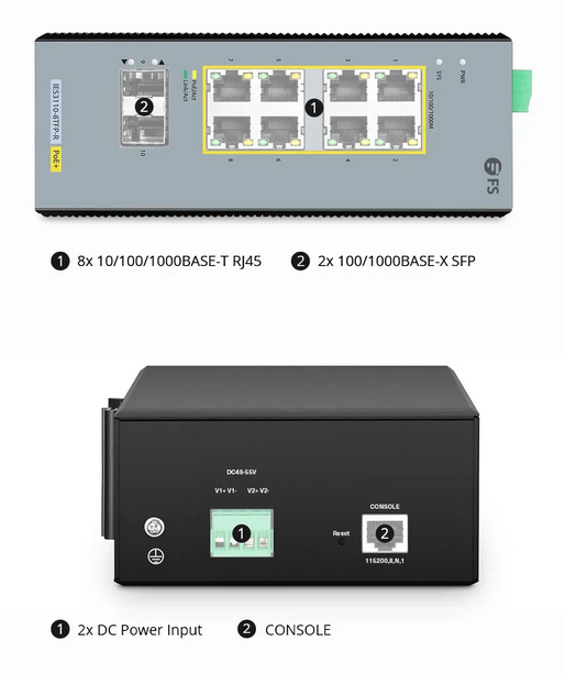 IES3110-8TFP-R, Switch PoE+ Industriel Manageable L2+ 8 Ports Gigabit Ethernet, 8 Ports PoE+ @240W, avec 2 Ports SFP 1Gb