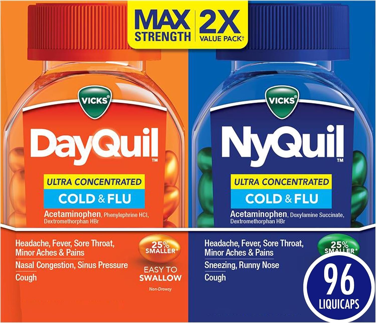 DayQuil & NyQuil Ultra Concentrated Liquicaps – Pack Jour & Nuit, soulagement multi-symptômes, 96 gélules