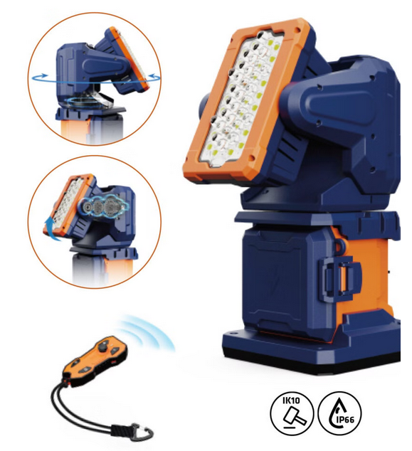 Projecteur Portable avec Inclinaison et Rotation par Télécommande sur Batterie Inclus Chargeur 220v et Batterie Longue Durée
