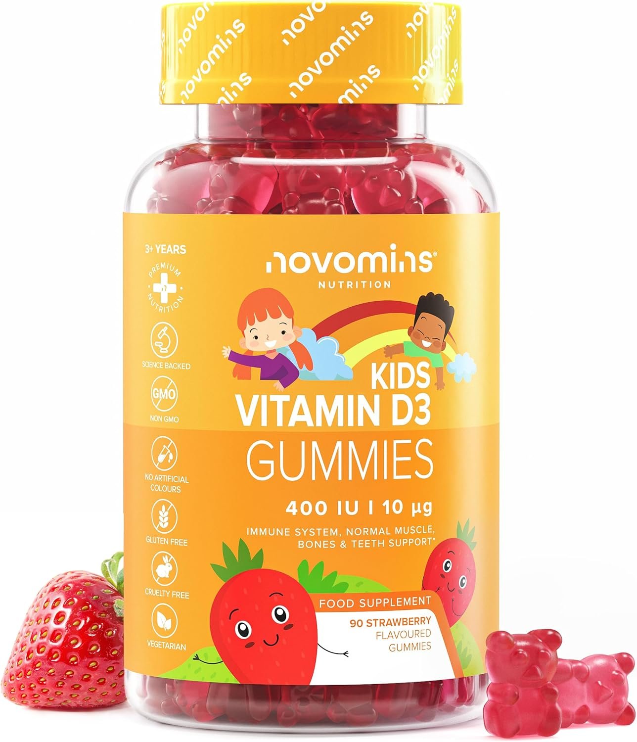 Gommes Vitamine D3 Enfant 400 UI – Immunité, Os, Dents & Muscles – Formule Végétarienne Sans Sucre, Sans Gluten & Gélatine – 90 Gommes Pour 3 Mois – Vitamines Enfants