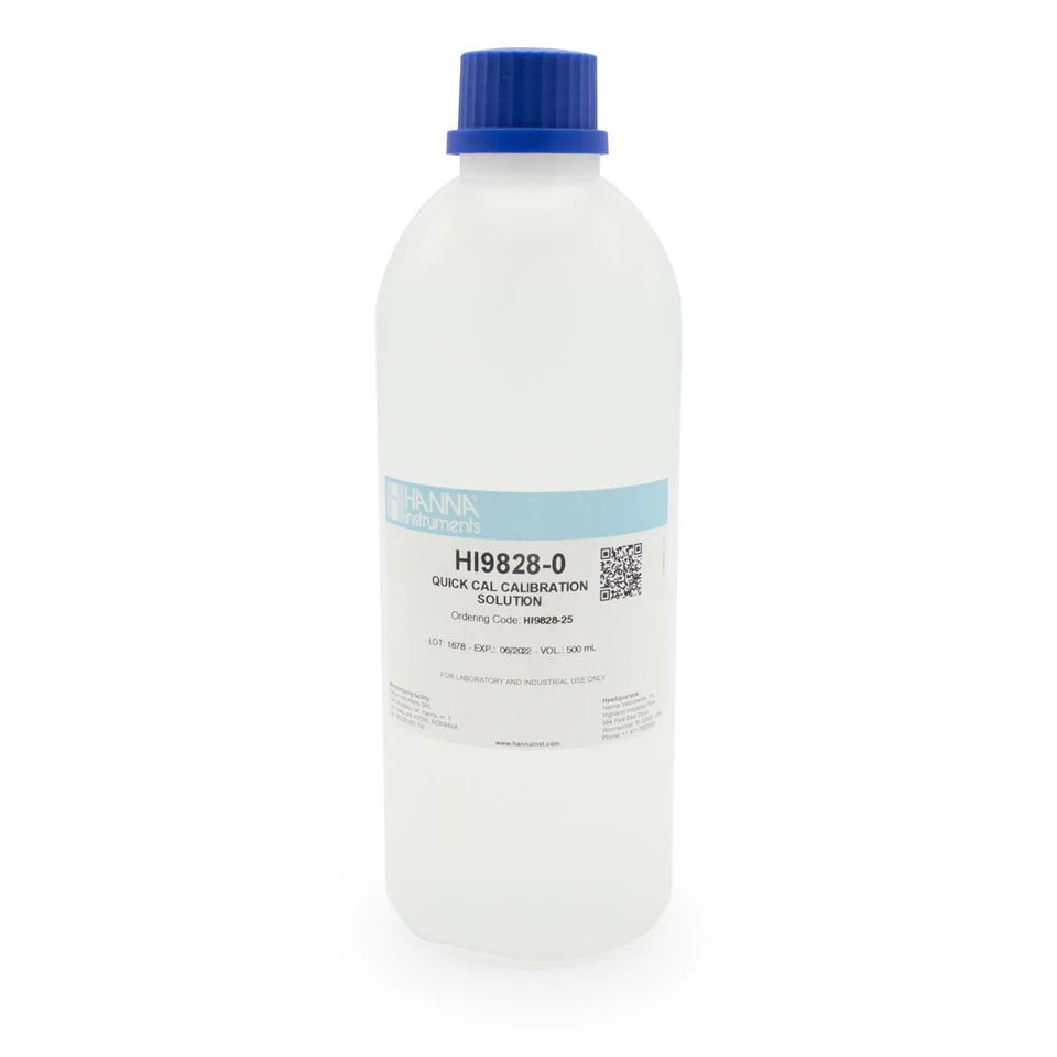 HI9828-25 – Solution d’Étalonnage Rapide Multiparamètre pH & Conductivité EC – Calibration en un Point – Flacon 500 ml