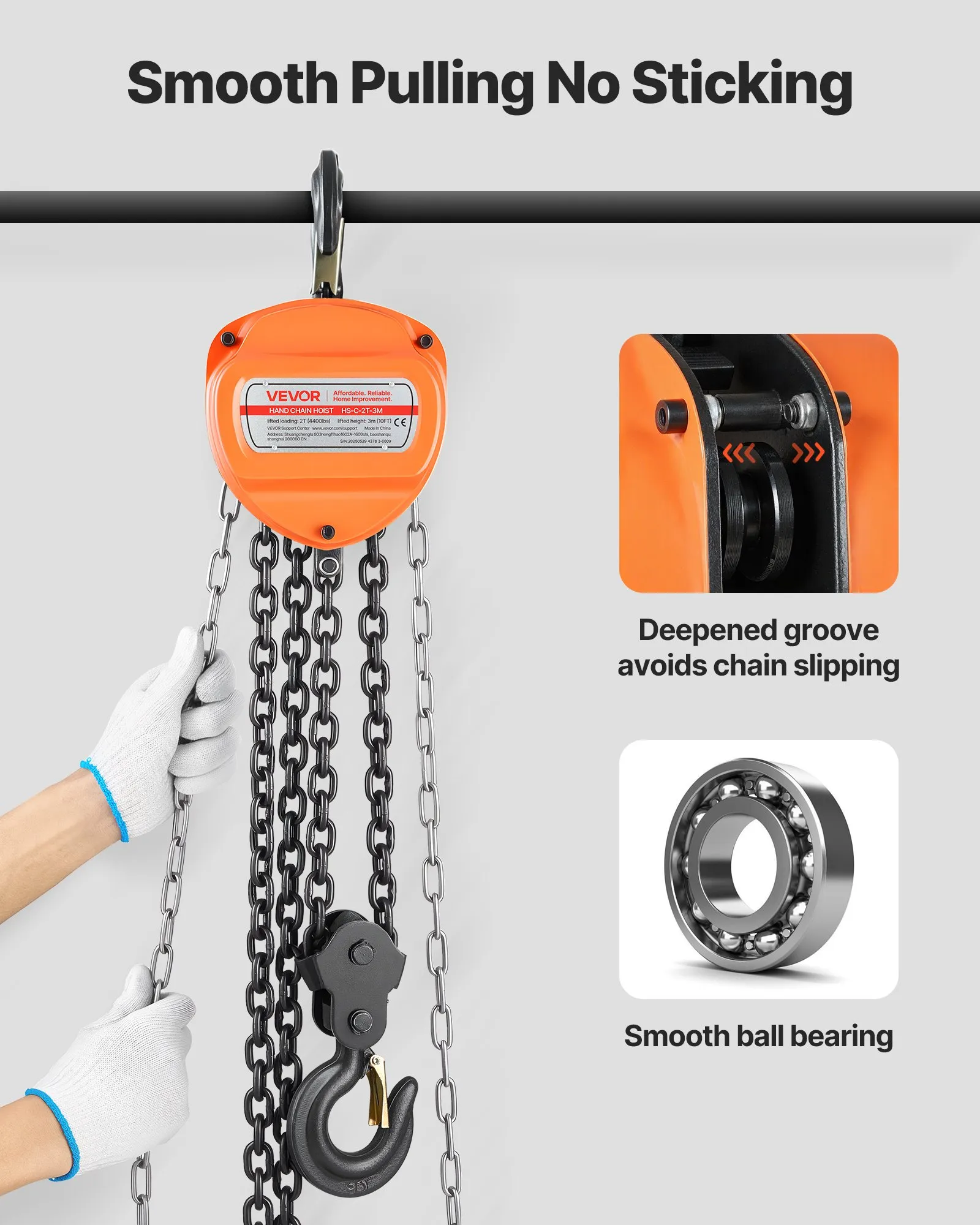 VEVOR HS-C-2T-3M – Palan Manuel à Chaîne 2 Tonnes – Chaîne G80 – Hauteur de Levage 3 m – Orange
