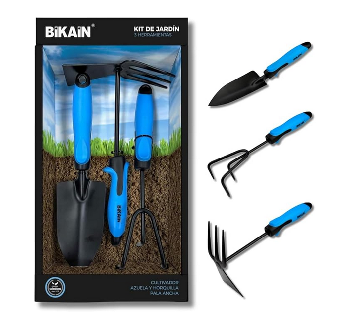 BIKAIN - Kit de Jardinage - 3 Outils - Comprend Une Pelle Large, Une Lance + Une Fourche et Un Cultivateur - Poignées Ergonomiques et Antidérapantes - Outil en Acier