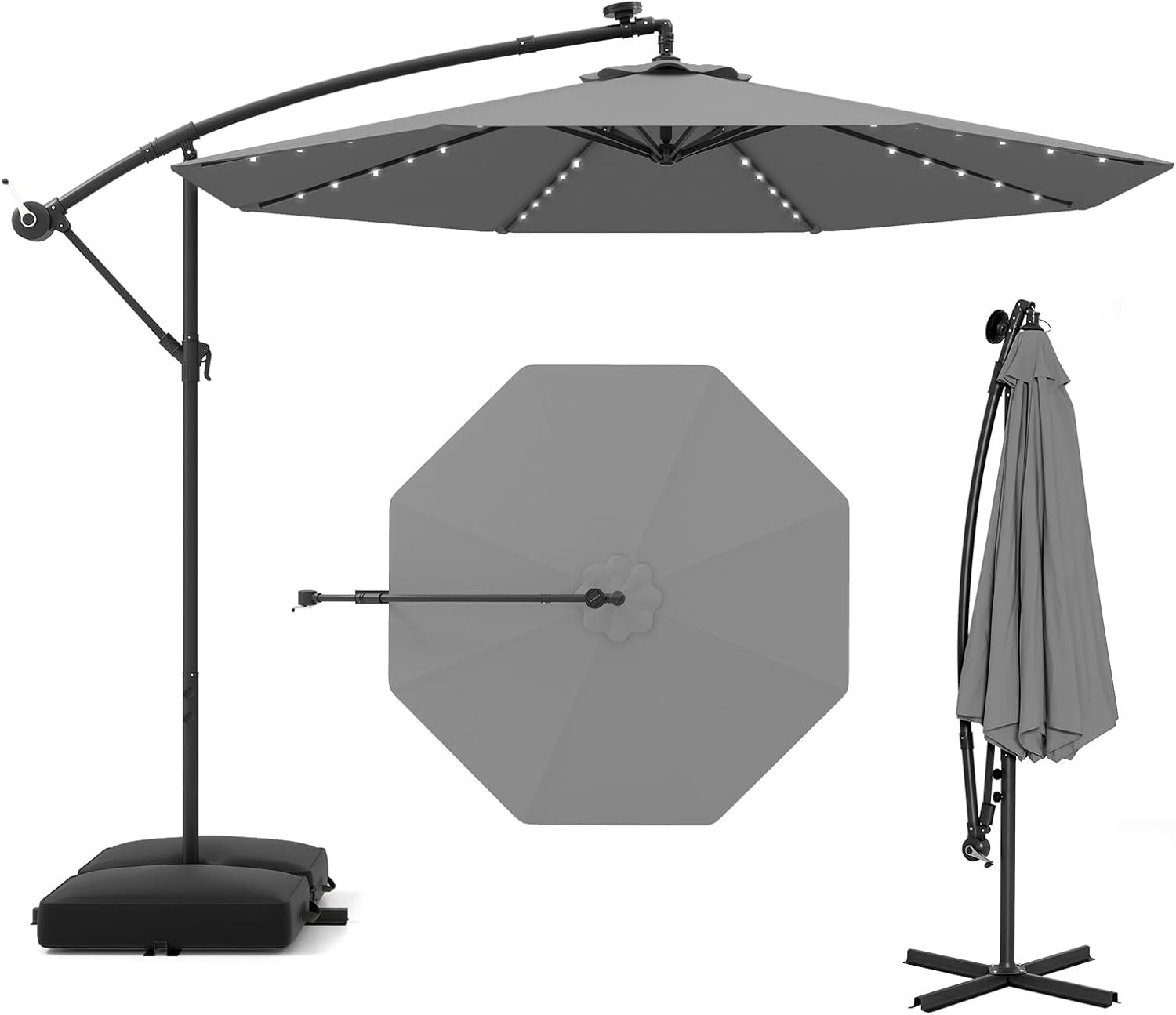 Parasol de Jardin Extérieur avec Pied, Parasol Déporté 3x3M, avec 40 Lampes Solaires, Toile Inclinable, Manivelle, 8 Baleines, Anti-UV, pour Terrasse Cour Patio