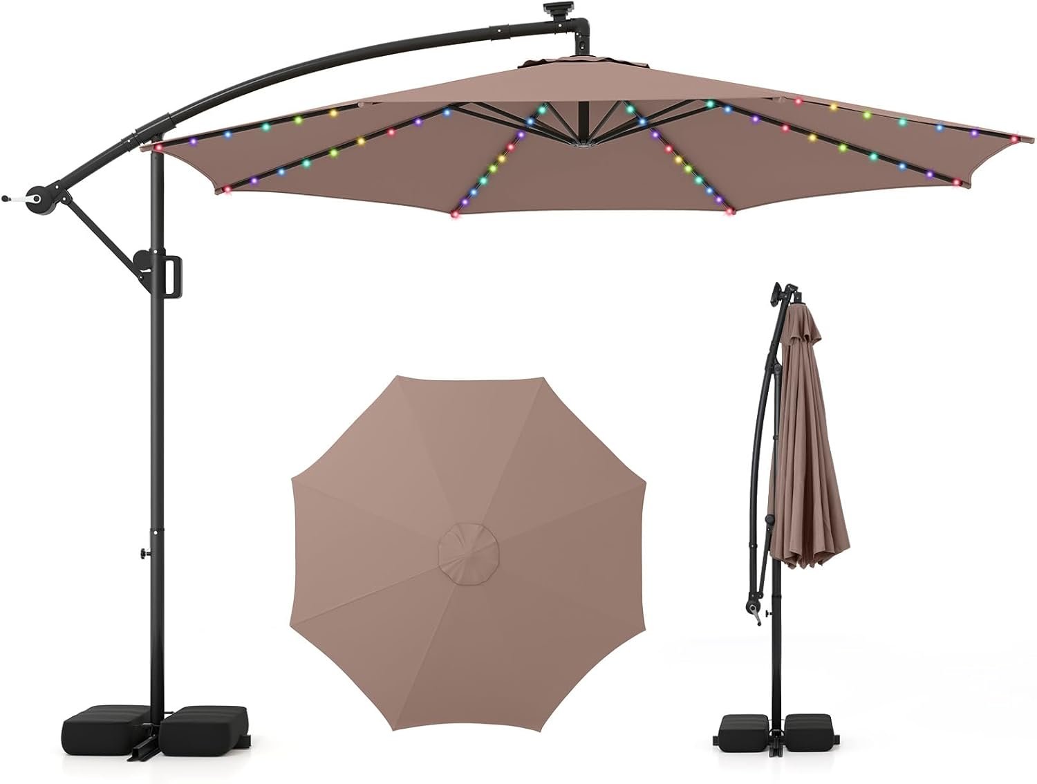 Grand Parasol de Jardin Extérieur avec Pied, Parasol Déporté 3x3M avec 96 LED Coloré, 9 Modes Lumineux, Rotation à 360°, Manivelle, pour Balcon Terrrasse Patio