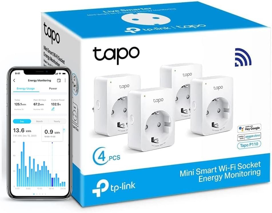 Tapo Prise Connectée WiFi, Suivi de consommation, 16A Type F, 4-Pack