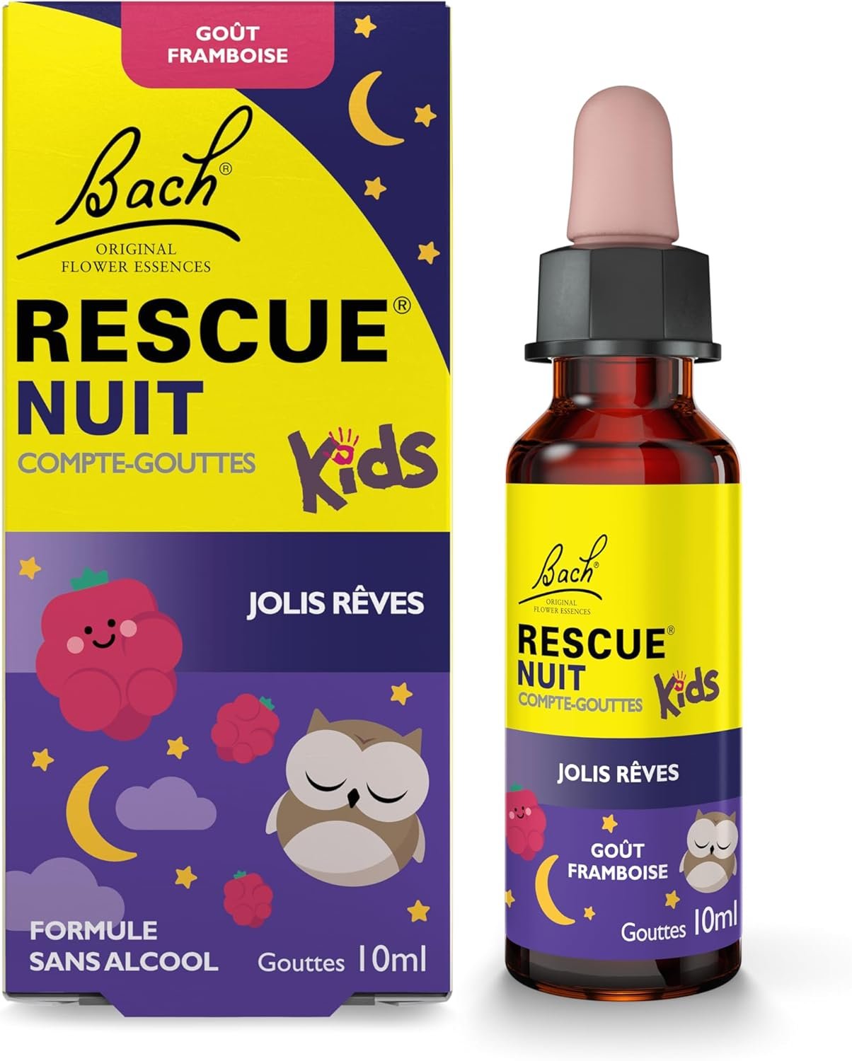 RESCUE NUIT KIDS - Jolis Rêves - Apaisement et Relaxation - Formule Sans Alcool - Goût Framboise - Dès 3 Ans - Compte-gouttes 10 ml