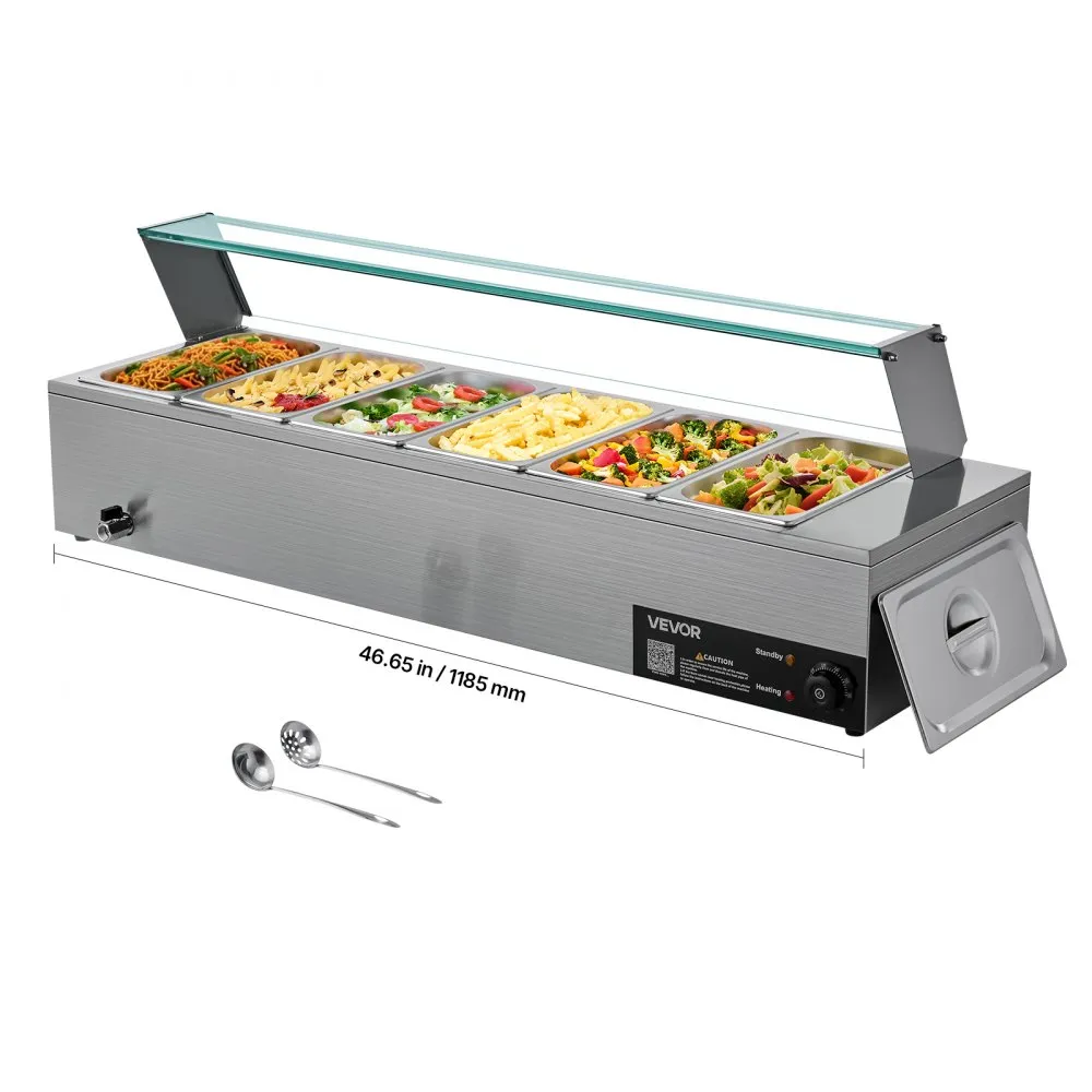 Chauffe-Plat Électrique à Vapeur 1500 W, Buffet Chauffant en Inox, Bain-marie avec 6 Bacs de 1/3, Couvercle en Verre et Louches à Soupe et Perforées, pour Servir Buffet en Libre-Service