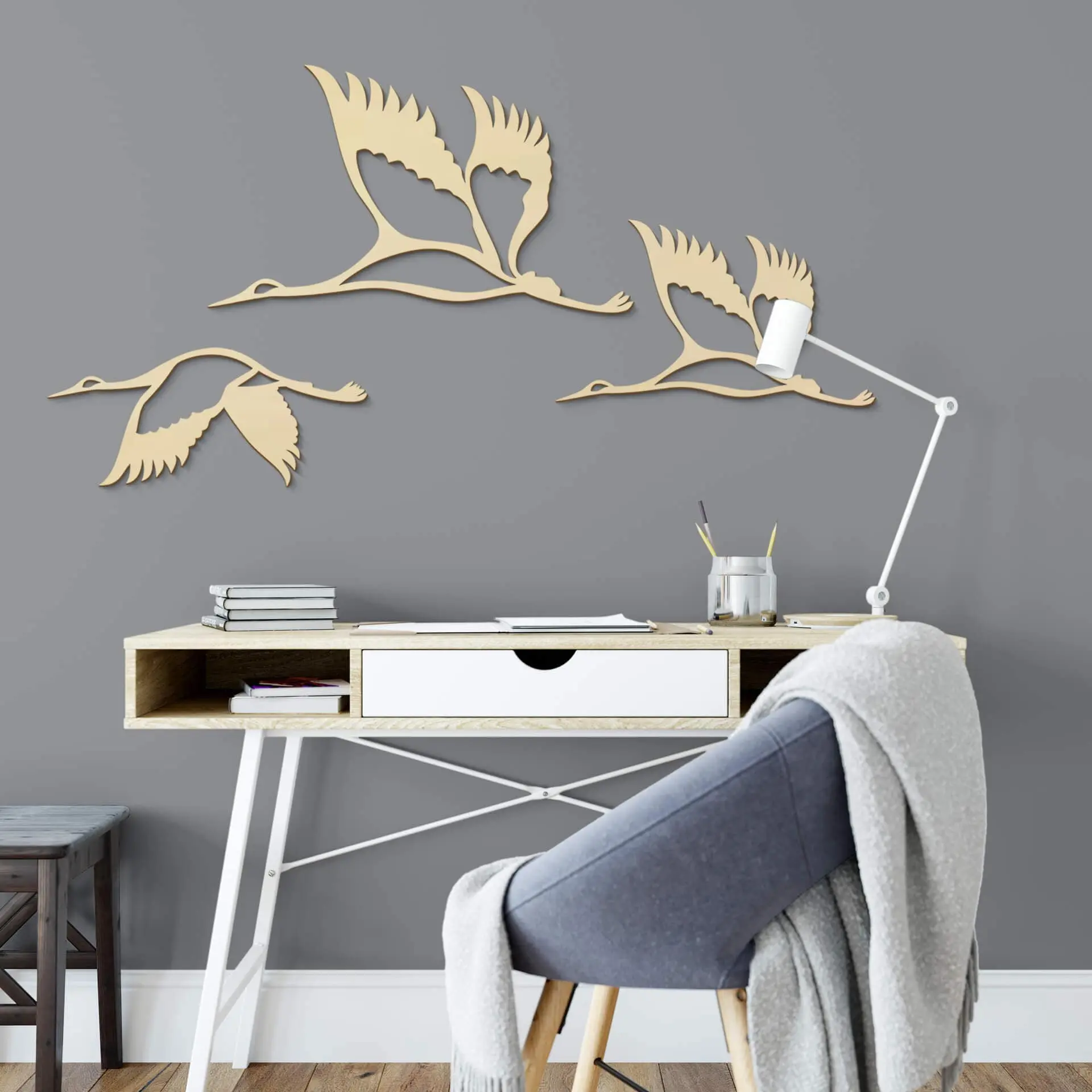 Décoration en bois - Vol de grues 02 - Placage de peuplier - Taille 1 : 30x13 cm + 40x23 cm + 30x17 cm